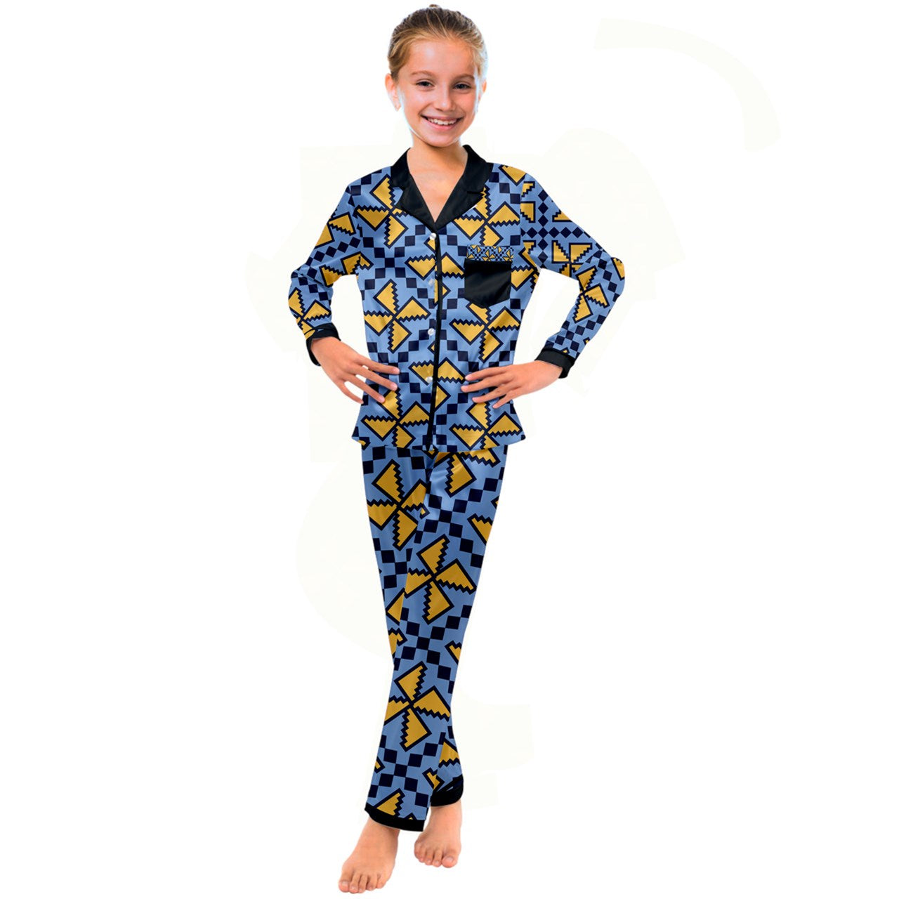 Kente Triangles - 1405-02 Kid's Satin Long Sleeve Pajamas Set